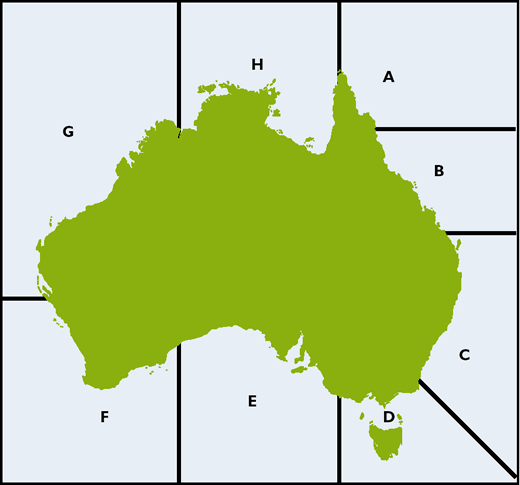Map of Australia with the ocean separated into sections.