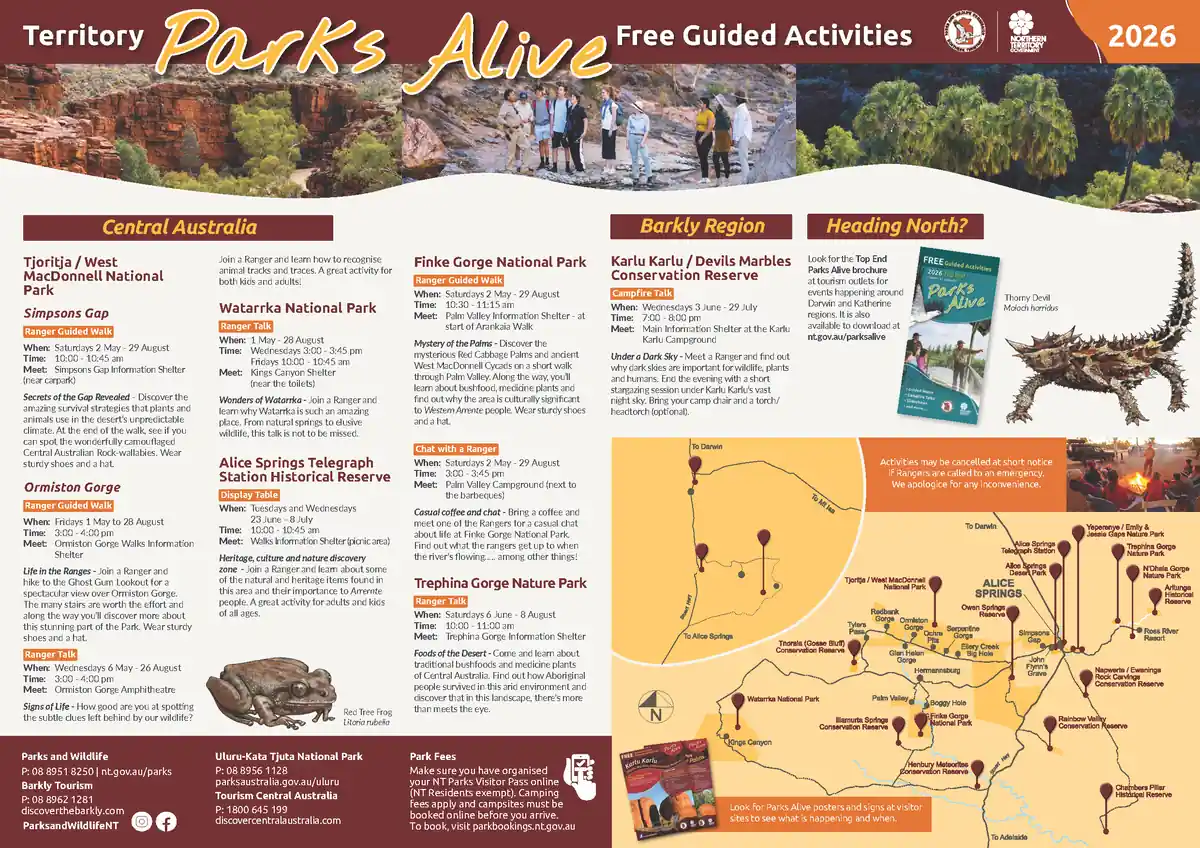 Poster for Territory Parks Alive 2026 showing Central Australia and Barkly sites, guided activities list and maps.