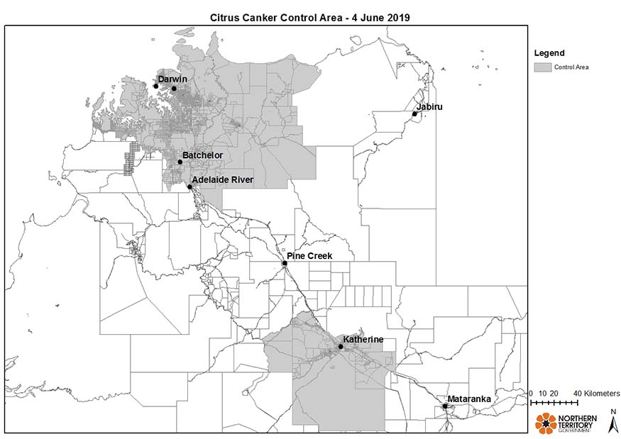 A map showing the two citrus canker control areas as described above