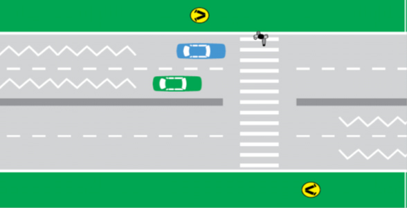 Illustration showing cars stopped at a pedestrian crossing while a person steps on to the crossing