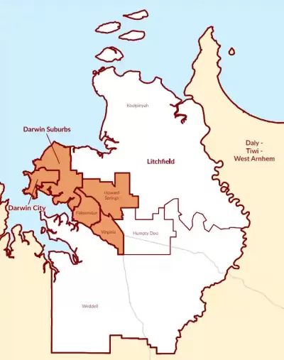 Map of the Northern Territory with Darwin city, Darwin suburbs, Palmerston, Howard Springs and Virginia highlighted.