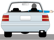 Illustration showing a driver signalling a right turn by placing their right arm straight out of the drivers side window