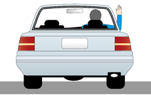 Illustration showing a driver signalling that they are stopping or slowing by placing their right out of the drivers side window with the elbow bent and the hand straight up 