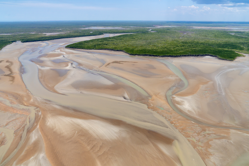 Aerial photograph of Shoal Bay on 18 October 2024, when Darwin Harbour's low tide.