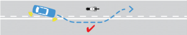 Illustration of a car following a motorbike on a road with a broken and solid white line. The broken line is on the side that the car and motorbike are travelling on which allows the car to over take if the road ahead is clear
