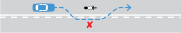 Illustration of a car following a motorbike on a road with a broken and solid white line. The solid line is on the side that the car and motorbike are travelling which stops the car from overtaking